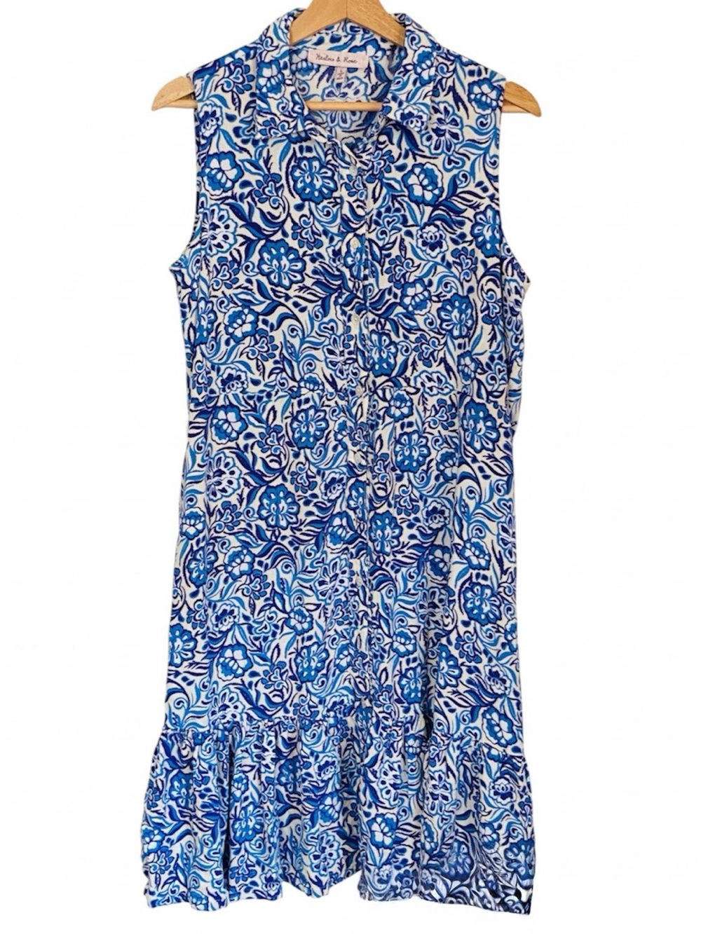 Harper & Rose Blue Floral Button Down Ruffle Hem Dress L Pockets Rayon